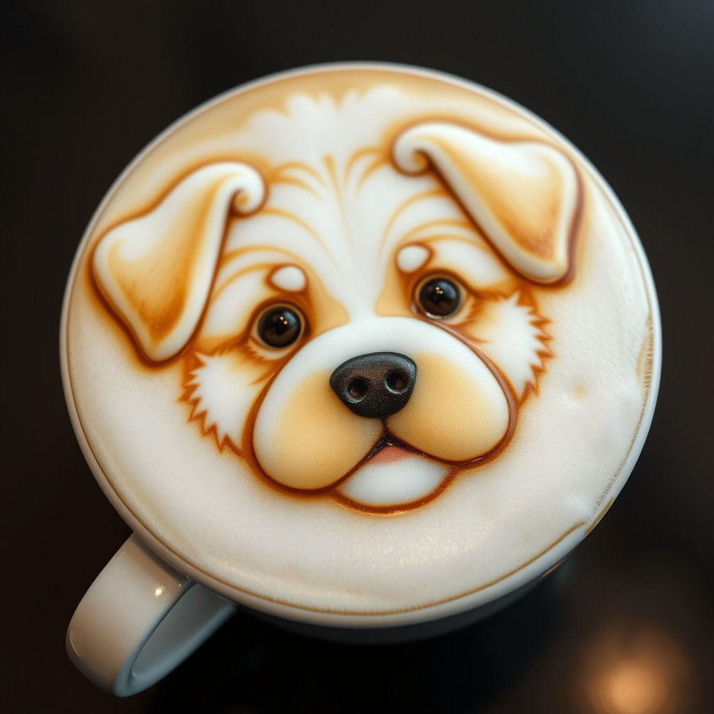 Latte Art Puppy Face in Pablo Amaringo Style