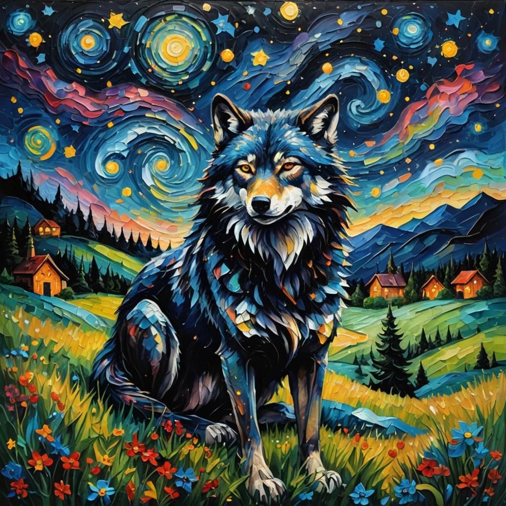 Wolf Howling Under Starry Night in Expressionist Style