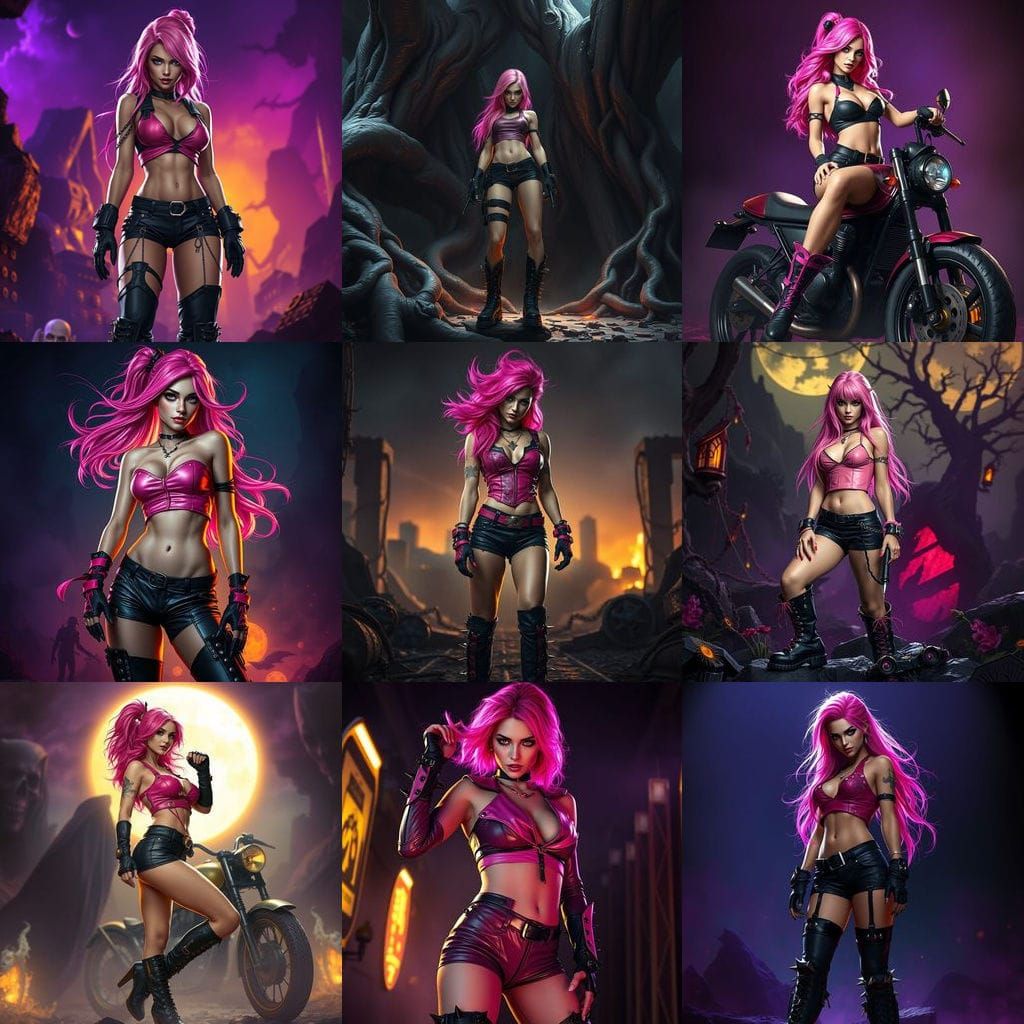 Biker Goddess in Dark Fantasy Attire with Vibrant Pink Hair