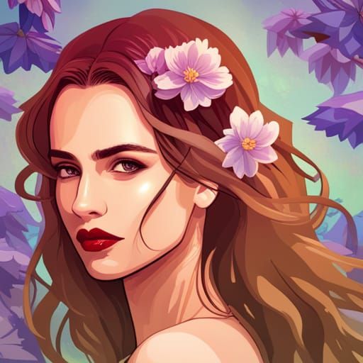 Ethereal Hispanic Goddess in Vibrant Purple Floral Surround