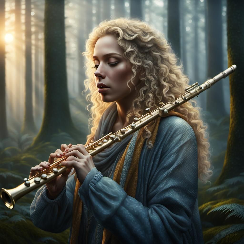 Girl with Flute in Misty Forest: Hyper-Realistic Art