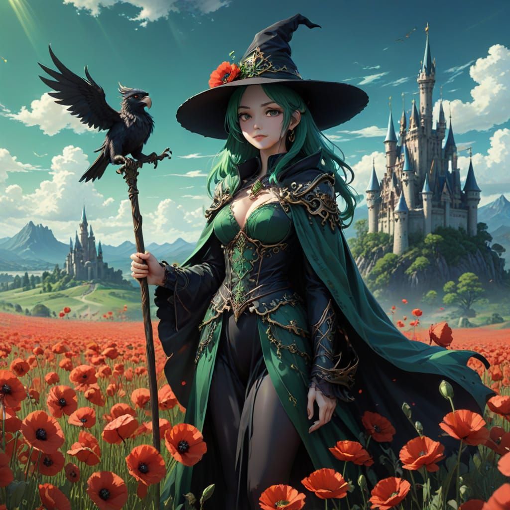 Green Witch in Poppy Field Before Emerald Castle