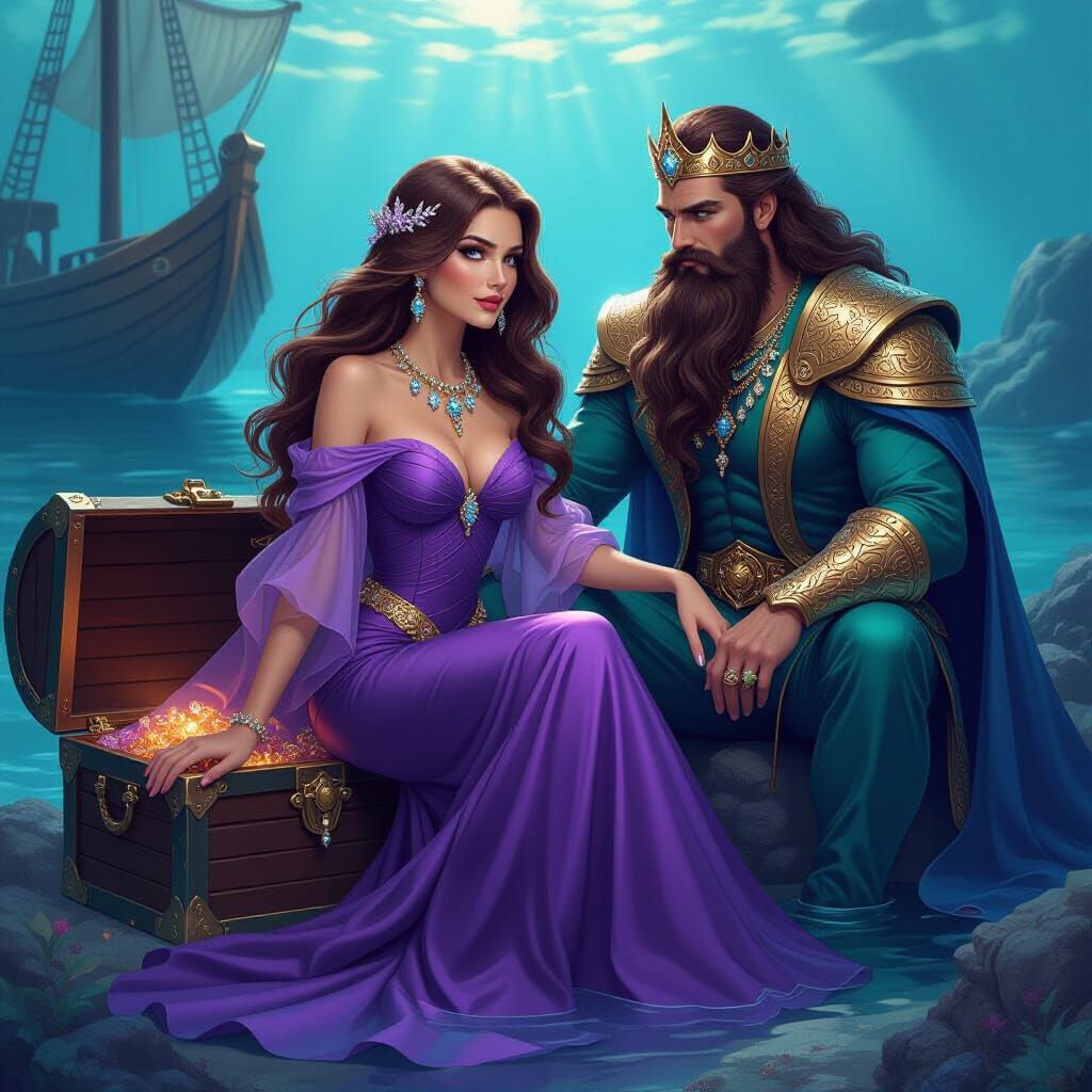 Mermaid and Merman with Treasure in Digital Art Style