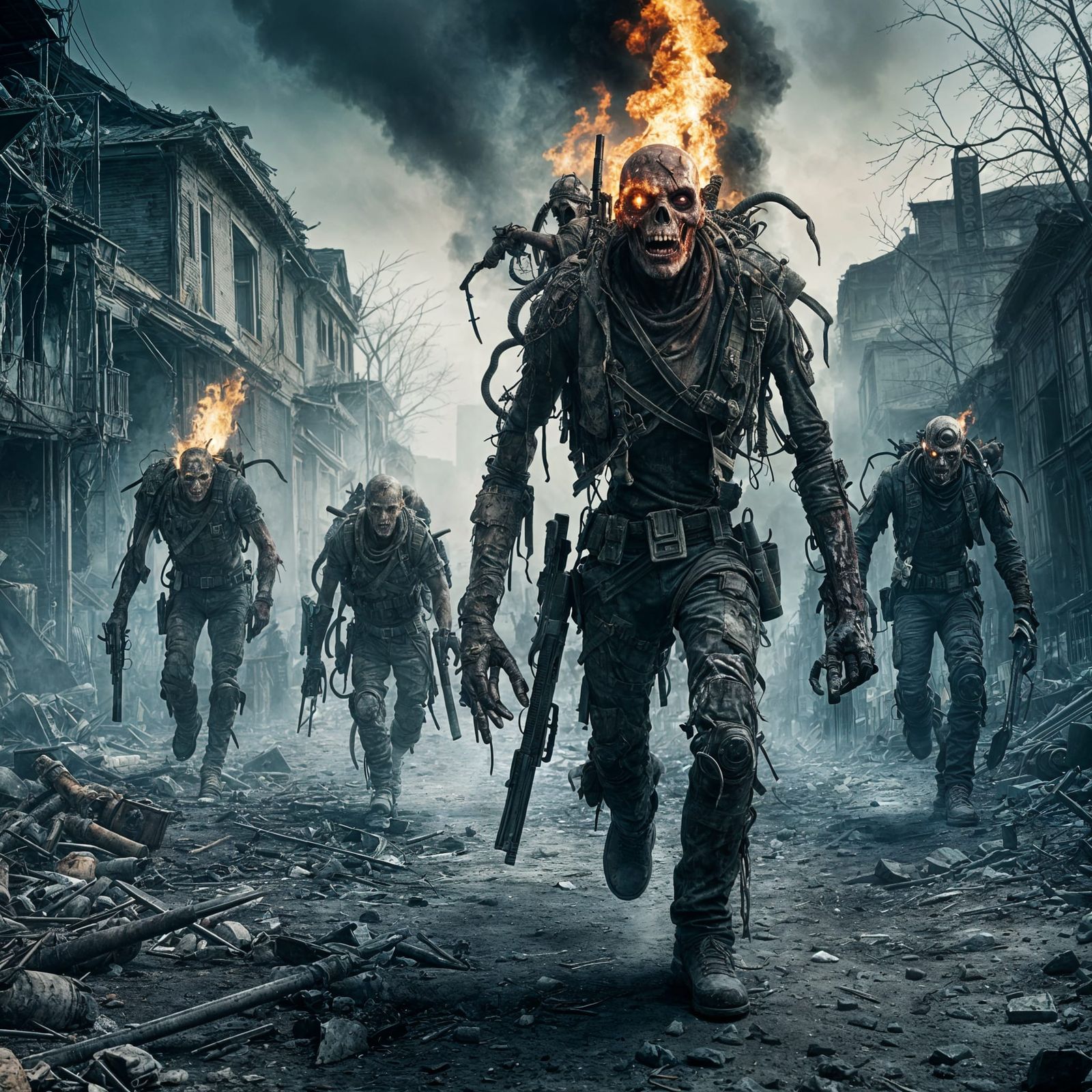 Zombie Soldiers in Burning Post-Apocalyptic City