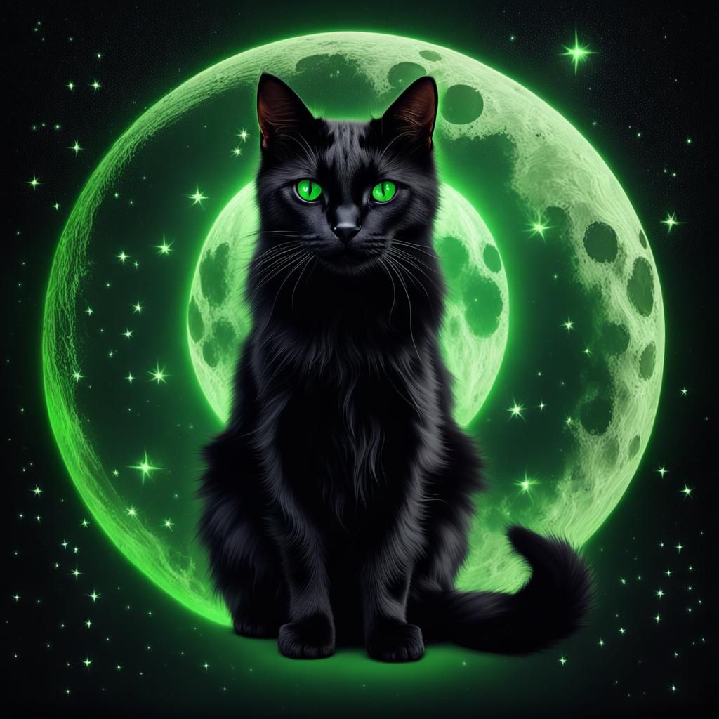 Mystical Black Cat Portrait with Runes and Stars