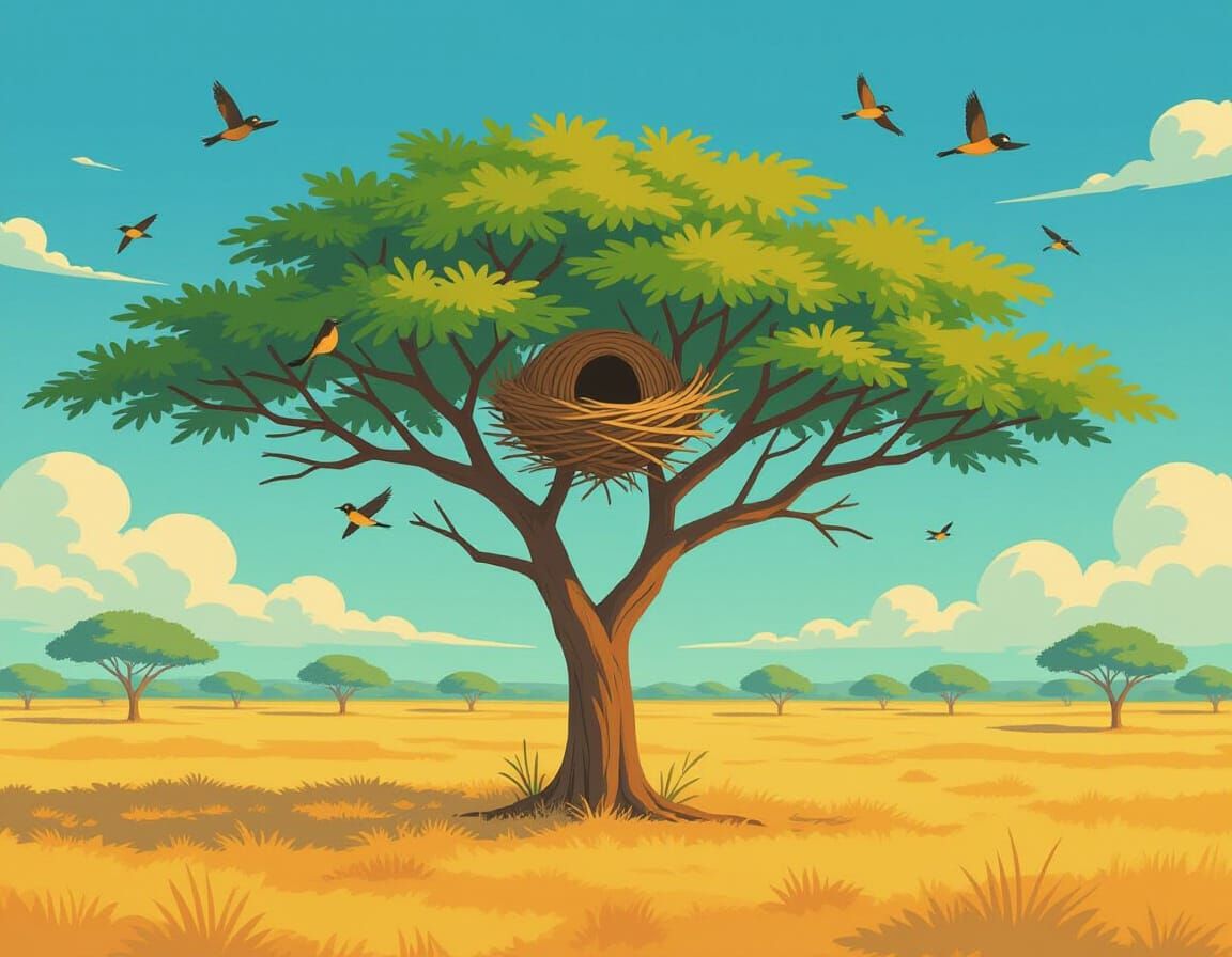 Acacia Tree with Weaver Birds in Anime Style
