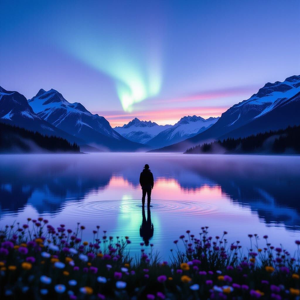 Figure by Alpine Lake at Twilight with Aurora