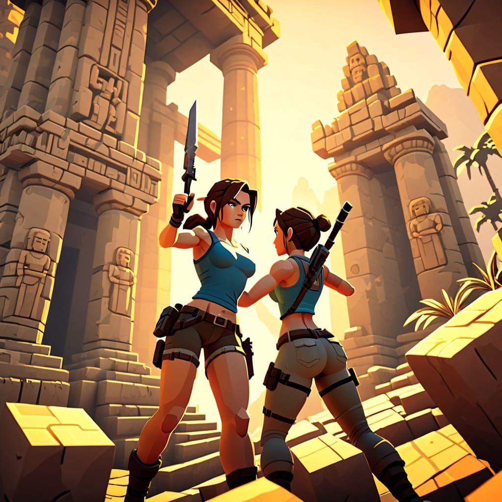 Lara Croft Low-Poly Pixel Art Reaching Out