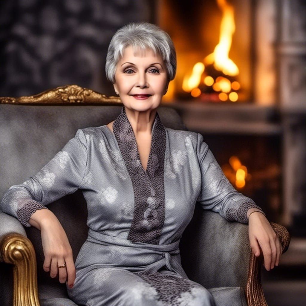 Elegant Woman in Lace Dress by Fireplace