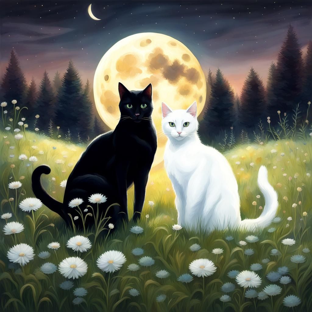 Moonlit Meadow Cats in Realistic Style