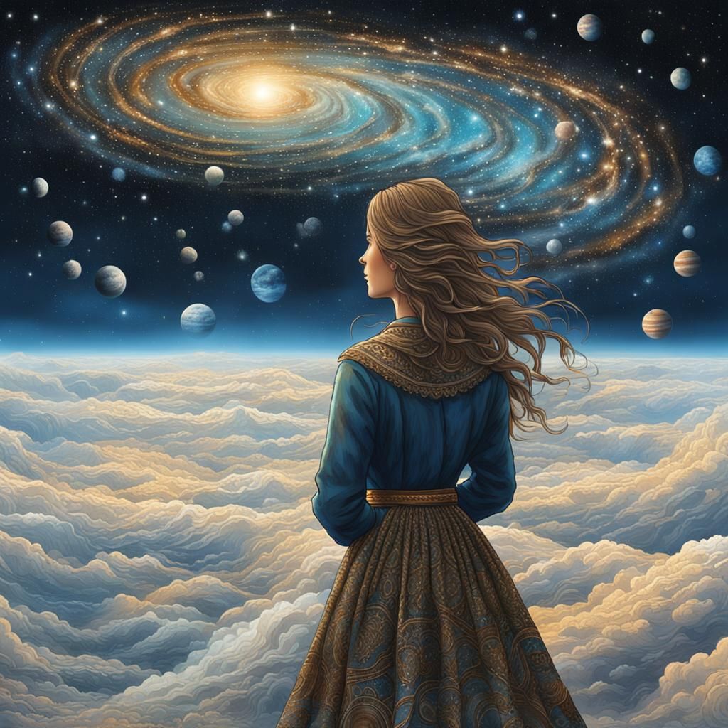 Dans les profondeurs du cosmos, une femme flotte paisiblement sur un nuage d'étoiles. Son esprit s'évade dans les méandr...