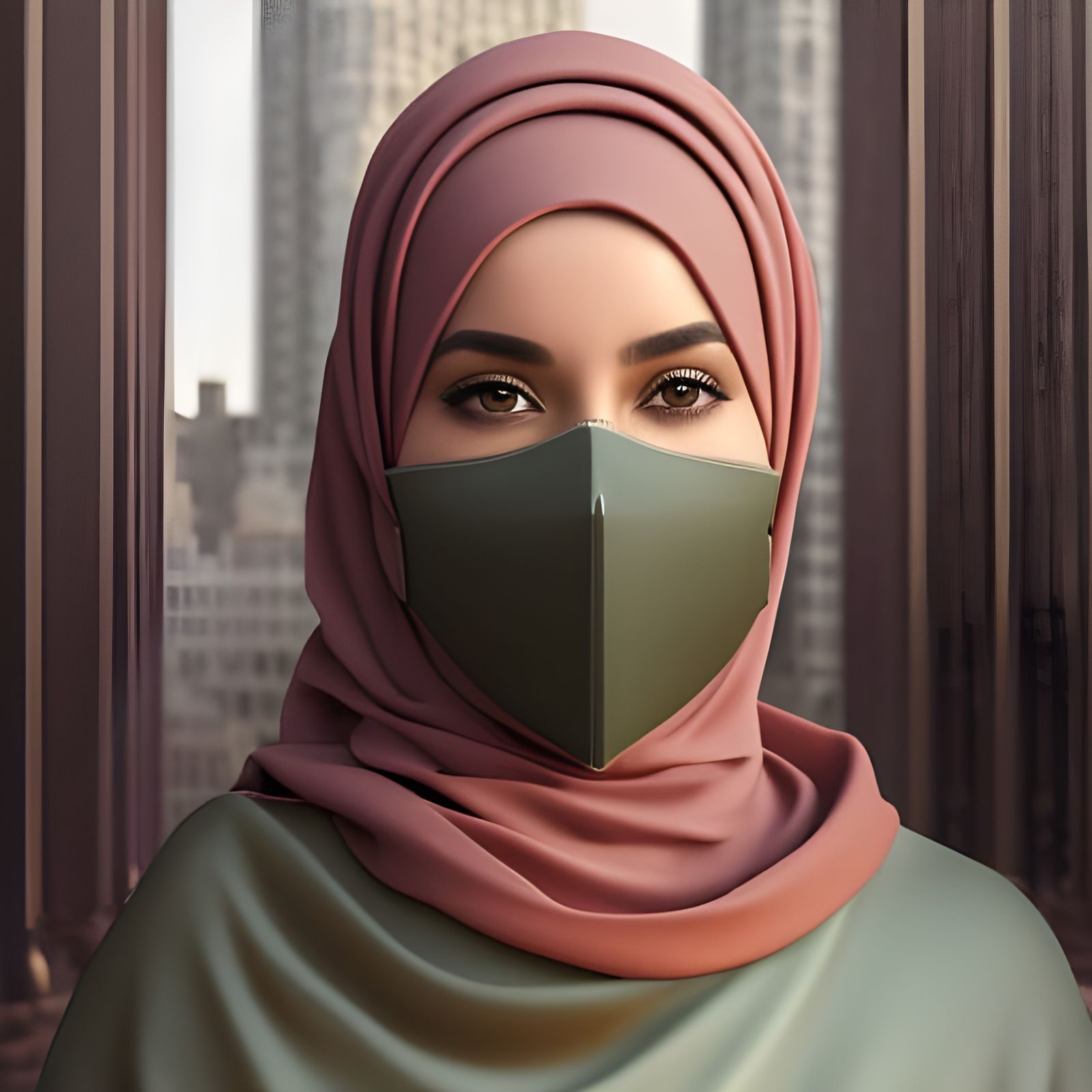 Beautiful Woman in Hijab in City Park, Digital Art