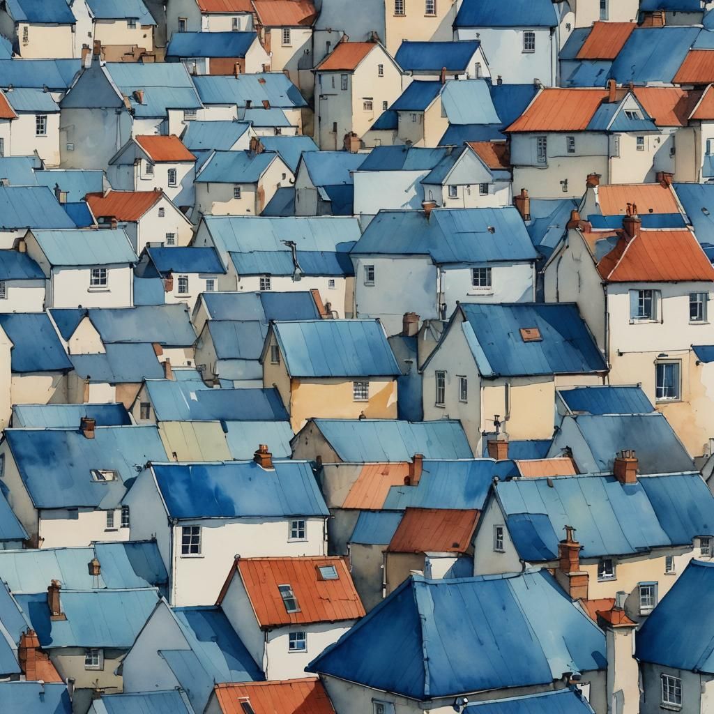 blue roofed  watercolour