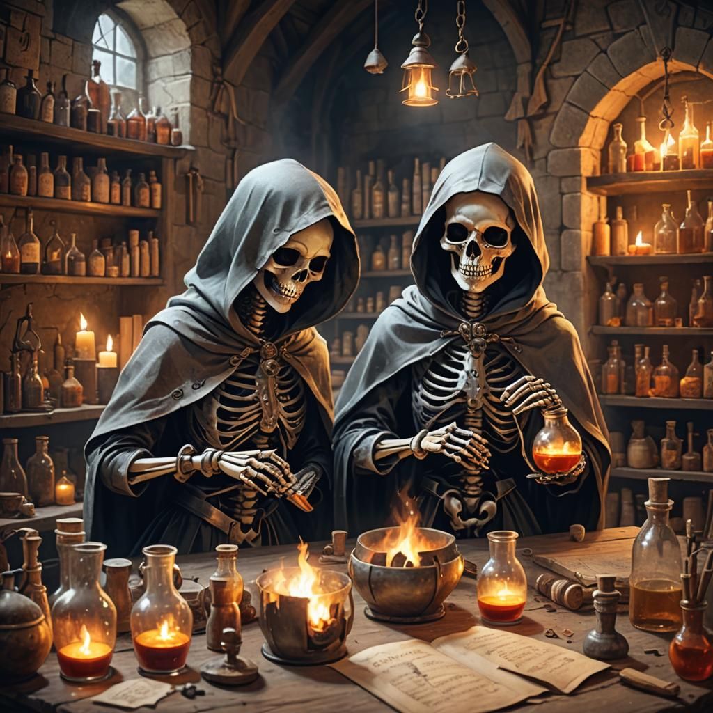 Delightful Skeleton Sisters in a Medieval Alchemy Lab