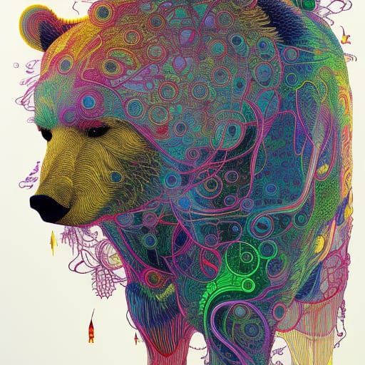 Abstract Bear: Intricate Ink Illustration with Liquid Crysta...