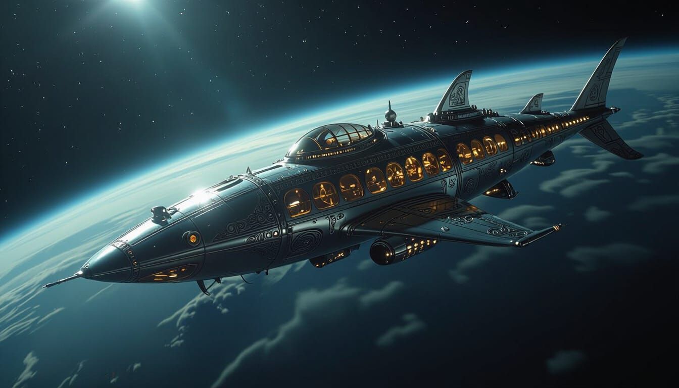 Steampunk Shark Spaceship Orbits Earth