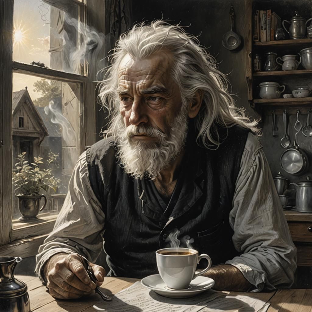 Man Enjoying Morning Coffee in Gustave Dorรฉ Style