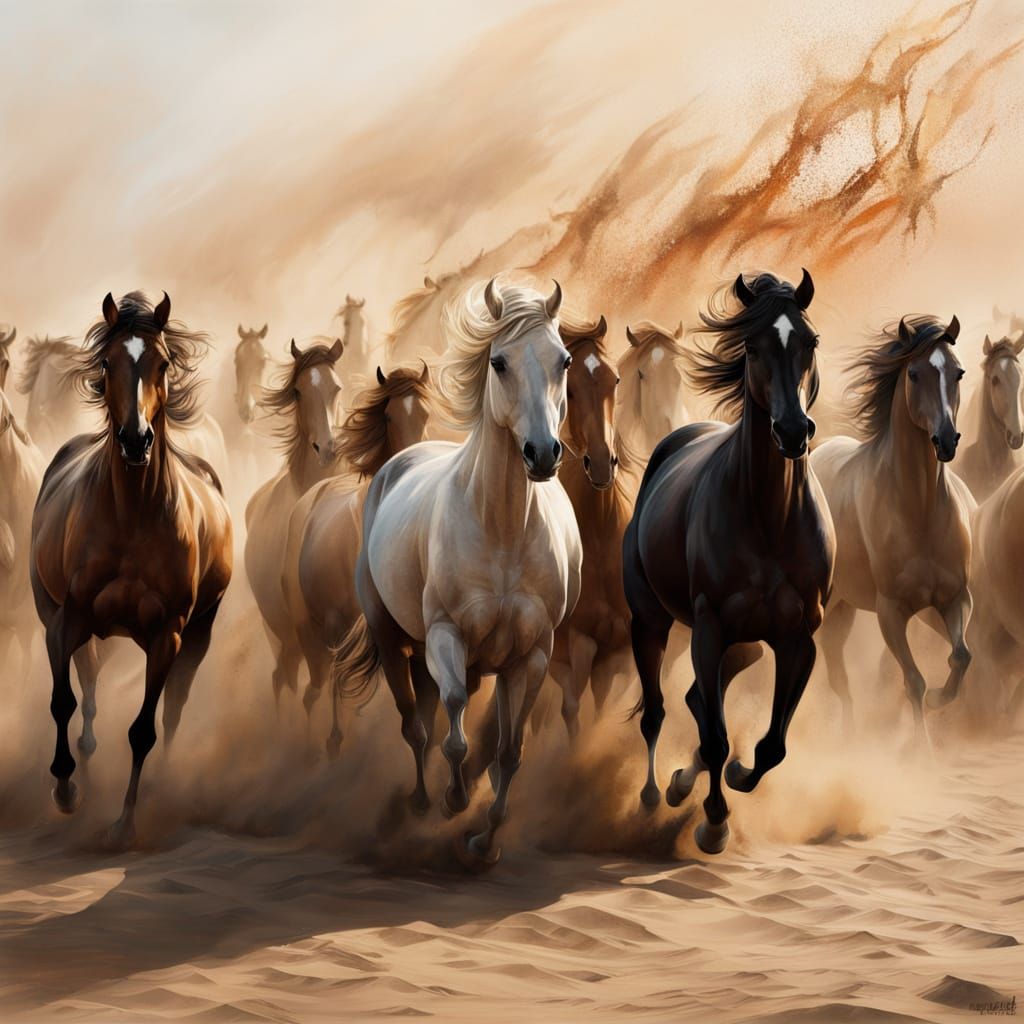 Phantom Horse Herd in Golden Desert Sandstorm