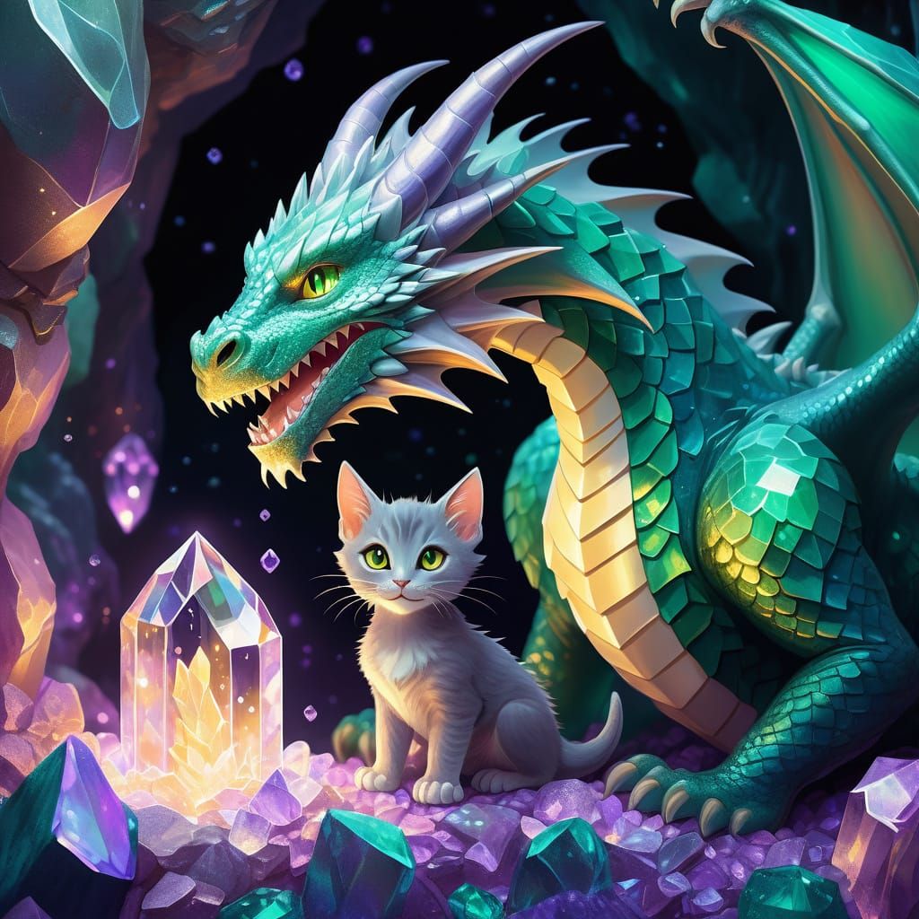 Dragon and Kitten in Glowing Crystal Cave