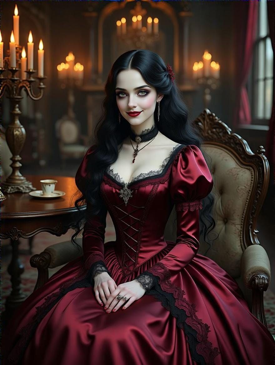 Ethereal Victorian Vampire Siren in Rich, Crimson Gown
