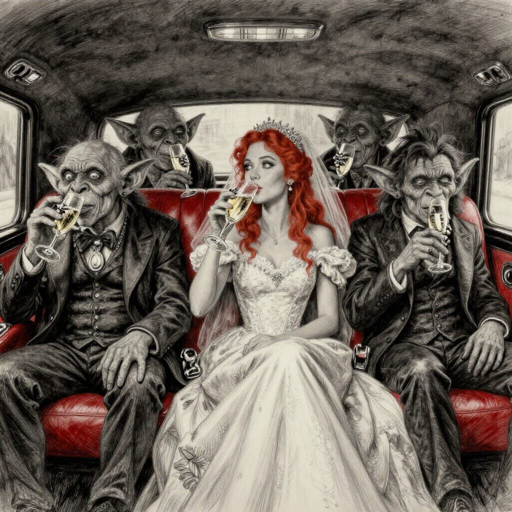 Goblins Ride in Luxury Limousine with Champagne and Bride