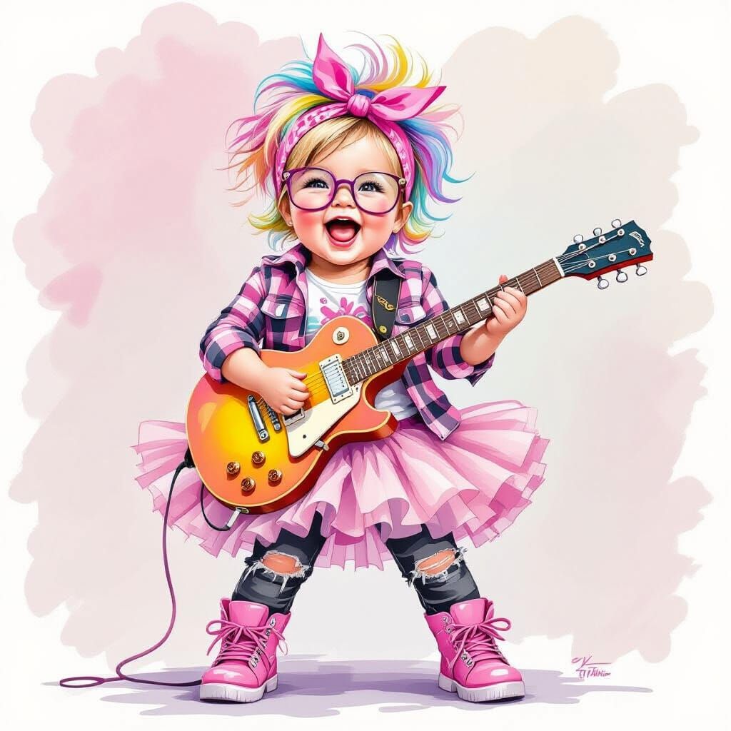 Mischievous Baby Rock Star with Electric Guitar
