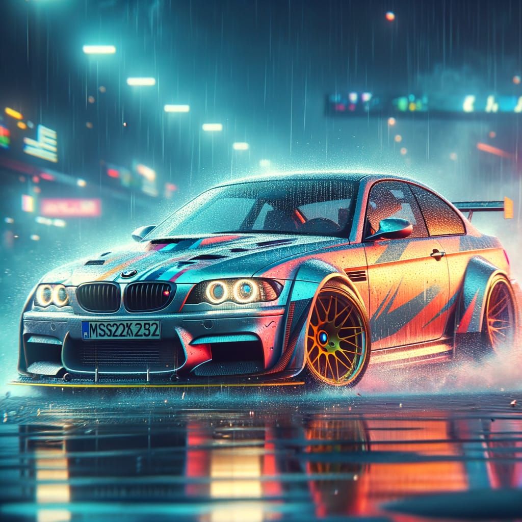 BMW M3 Drifting in Rain, Matte Painting