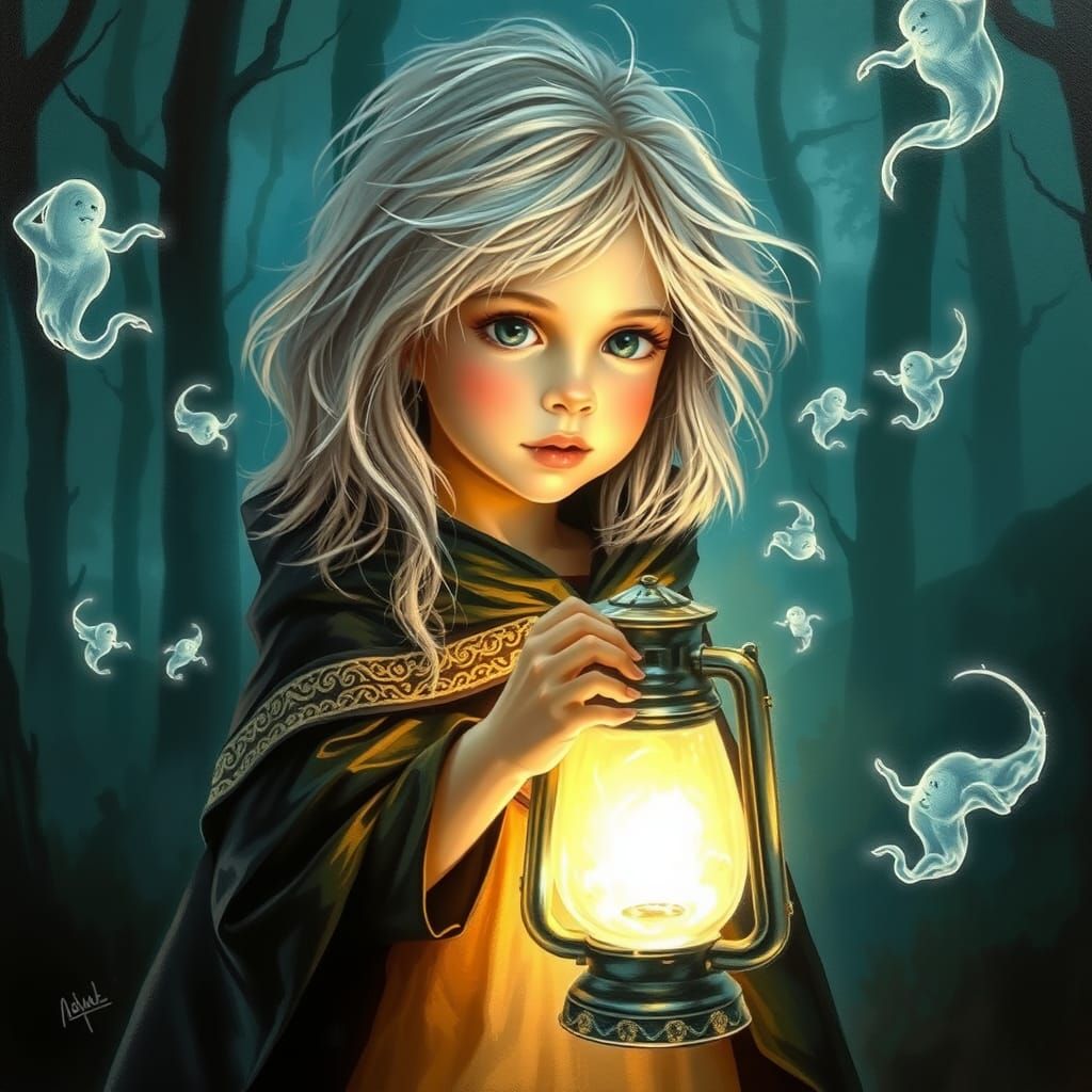 Girl with Lantern and Spirits: Ethereal Oil Painting