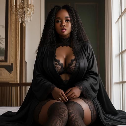 Beautiful Black Woman with Green Eyes in Lace Robe