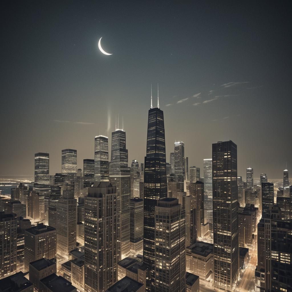 Chicago at Night: Crescent Moon Over Cityscape