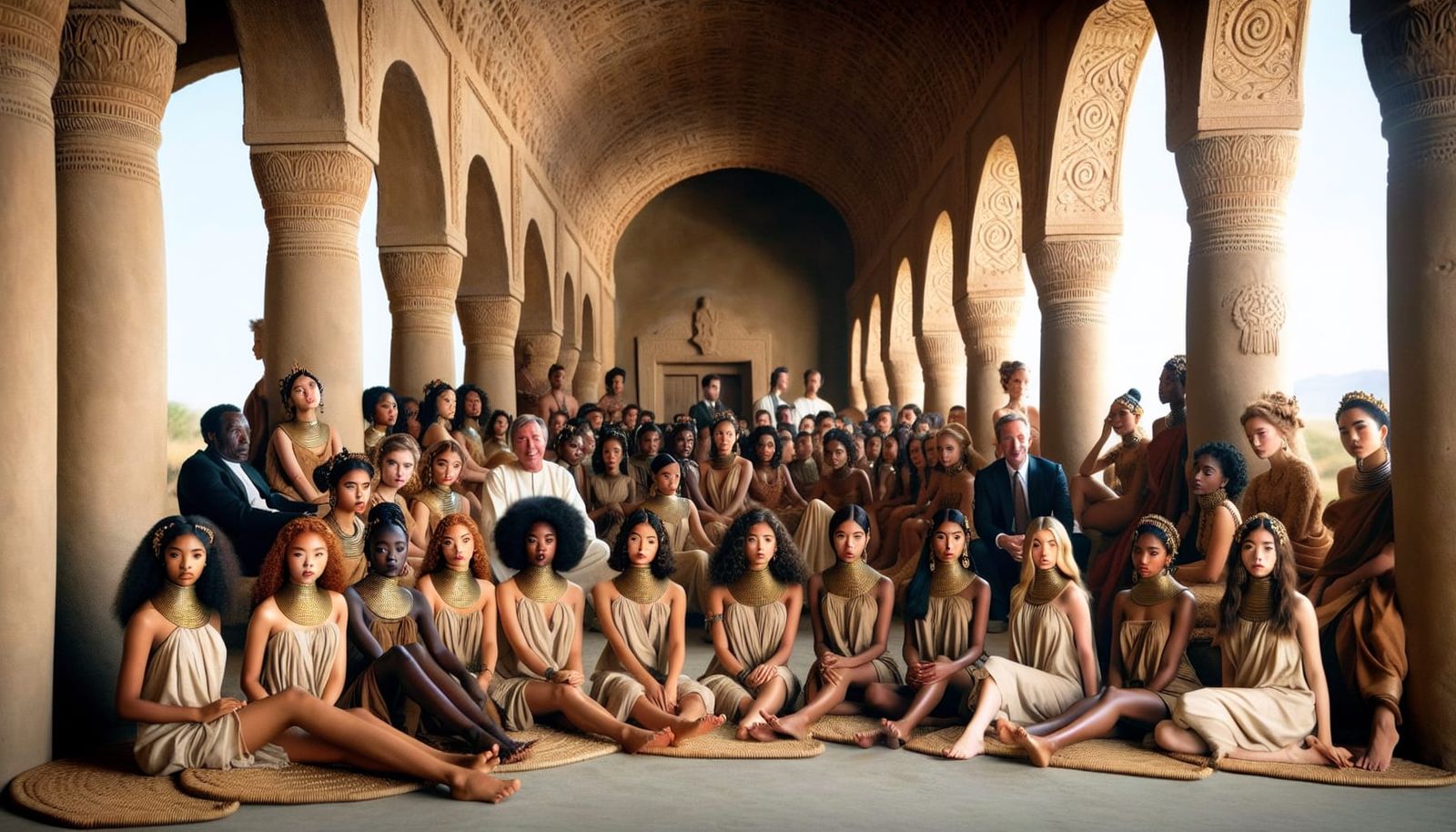 Diverse Women in Carved Archway, High Society Spectators