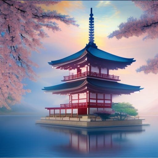 Japanese Pagoda in Cherry Blossoms by Pond