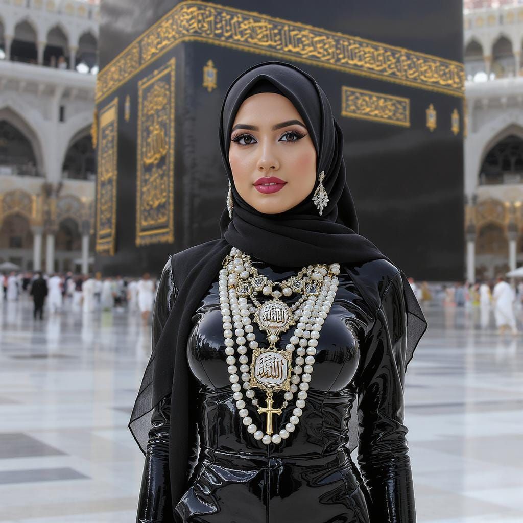 Asian Woman at Kaaba in Latex and Pearls