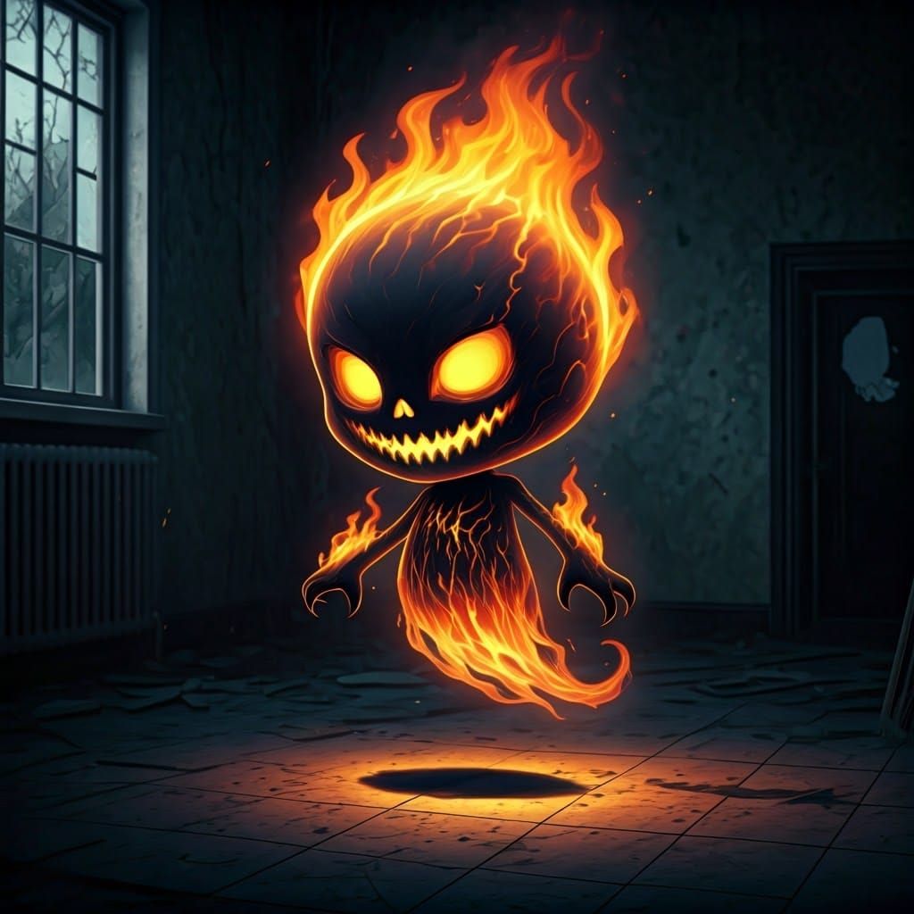 An eerie, captivating chibi styled render of a fiery ghostly...