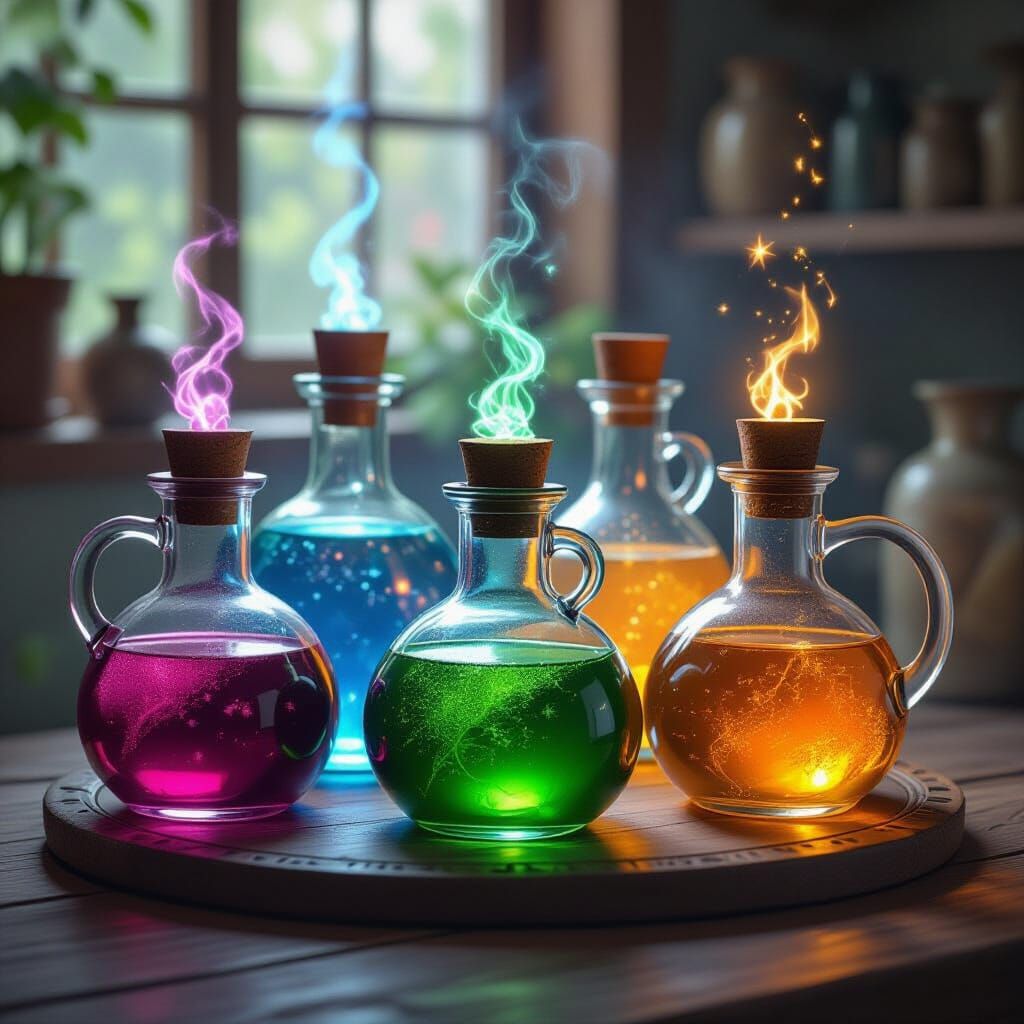 Enchanting Magical Potions Displayed in Ethereal Light