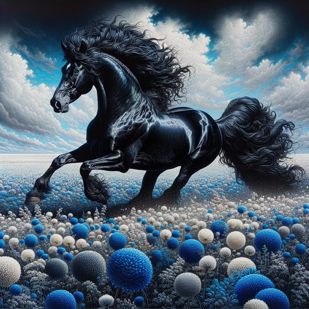 Magnificent Black Horse Galloping Through Wildflower Field