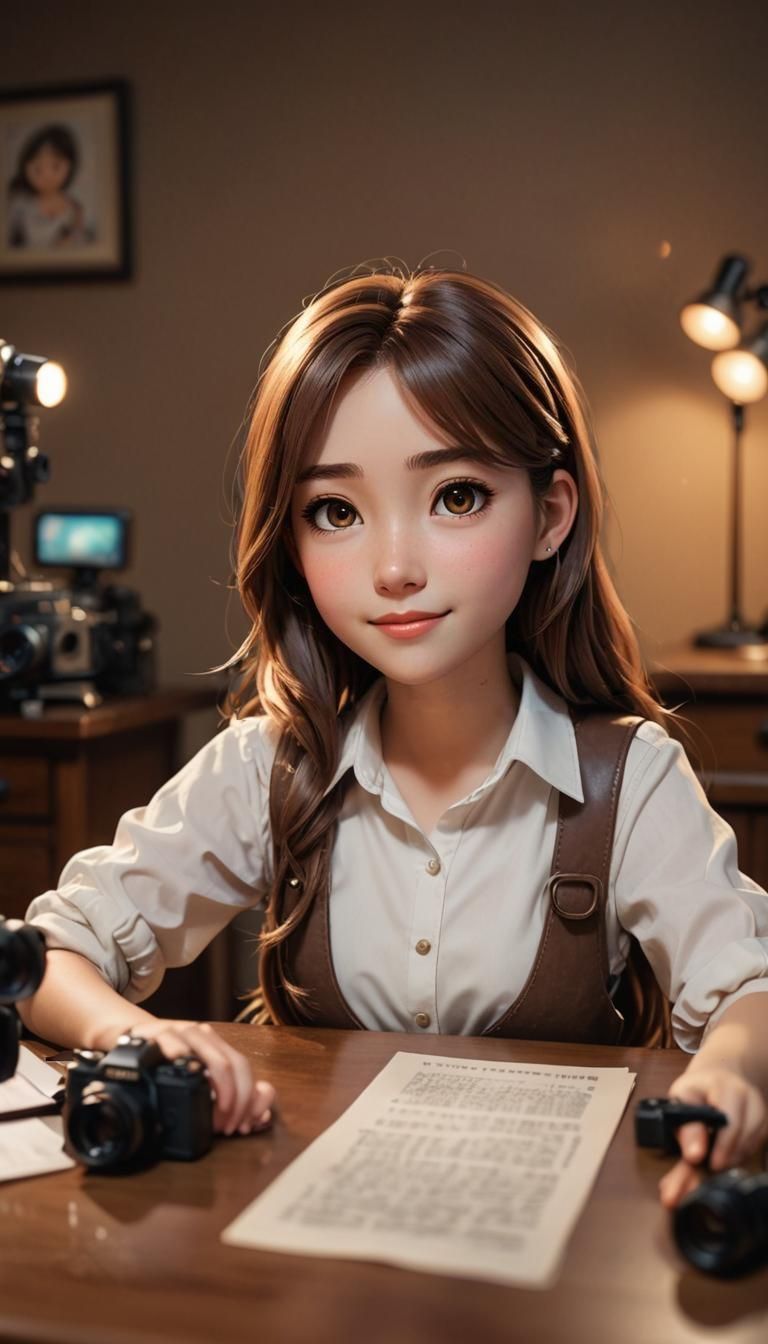 Chibi Anime Girl at Office Desk in Pixar Style