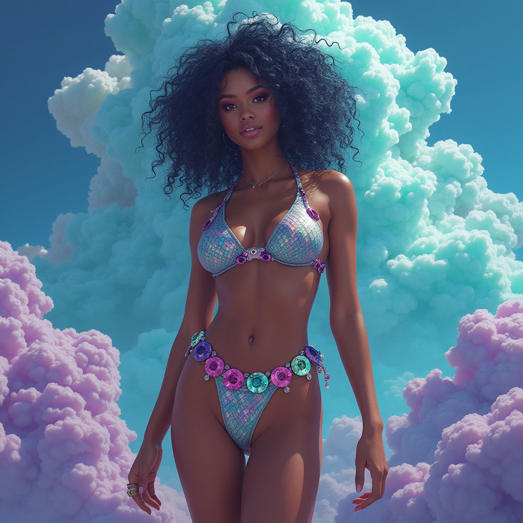 Confident Woman in Scaled Bikini, Dreamlike Fantasy Art