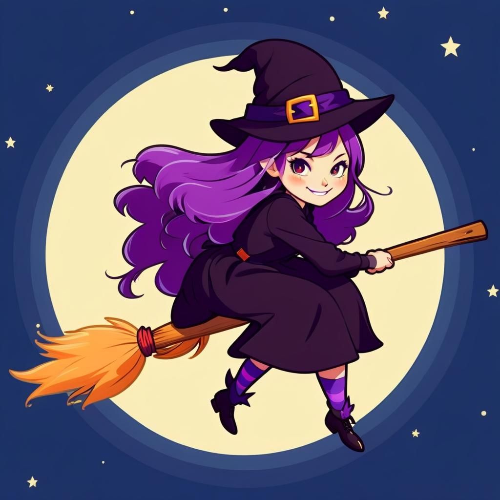 Charming Witch Girl on Broomstick, Sticker Art
