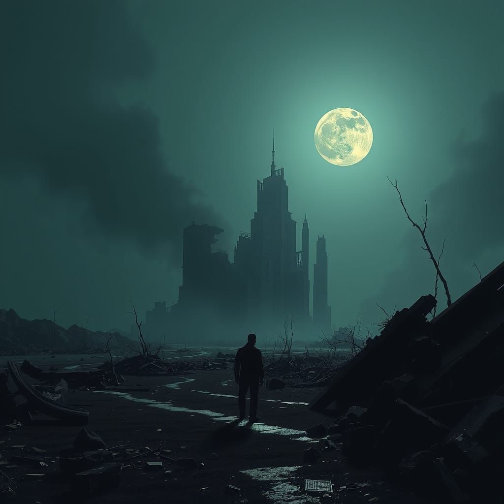 Surreal Desolation in a Moonlit Ruin Landscape