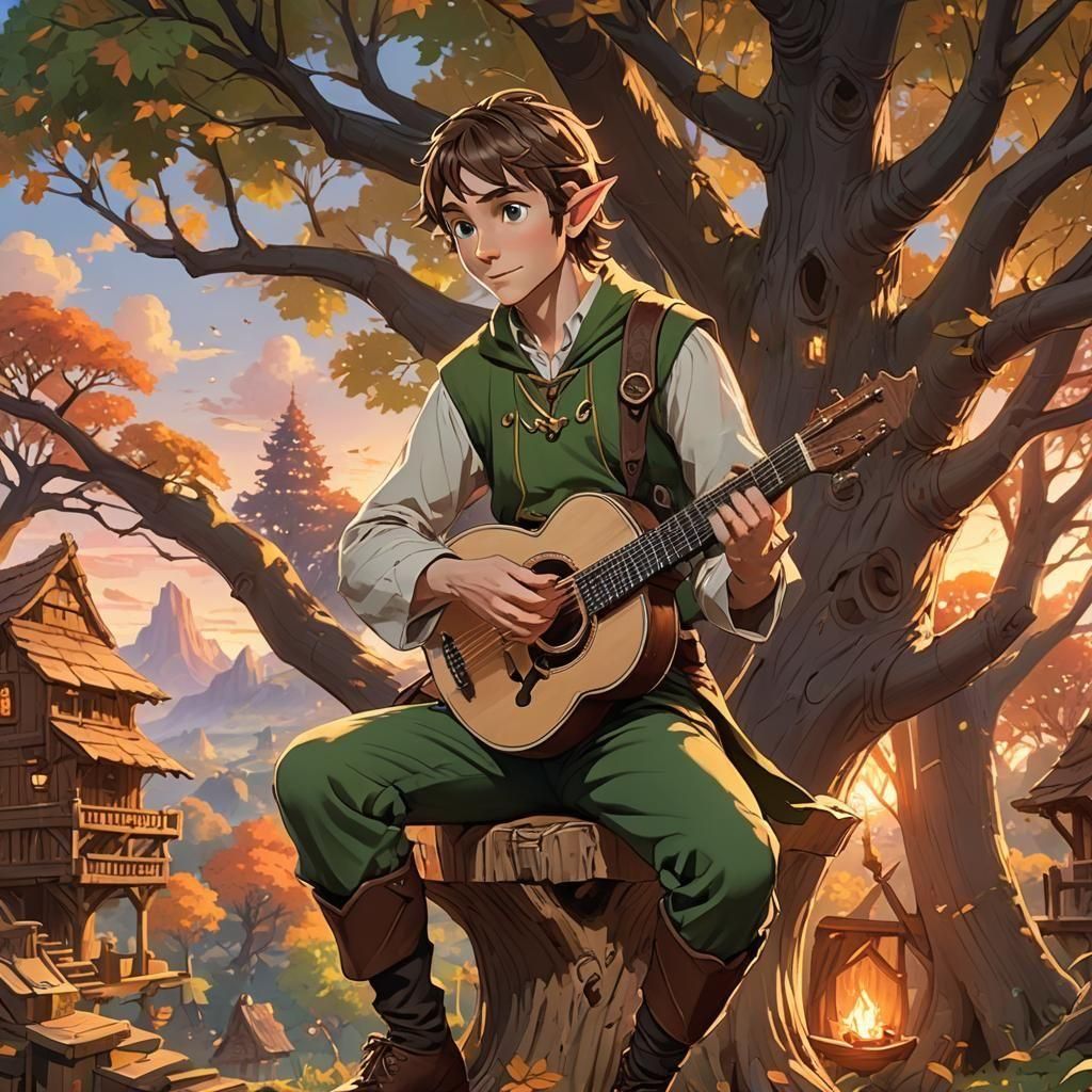 Elf Playing Mandolin in Tree Fort at Sunset
