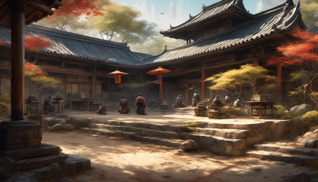 Japanese Dojo in Sunny Courtyard: Hyperrealistic Digital Art