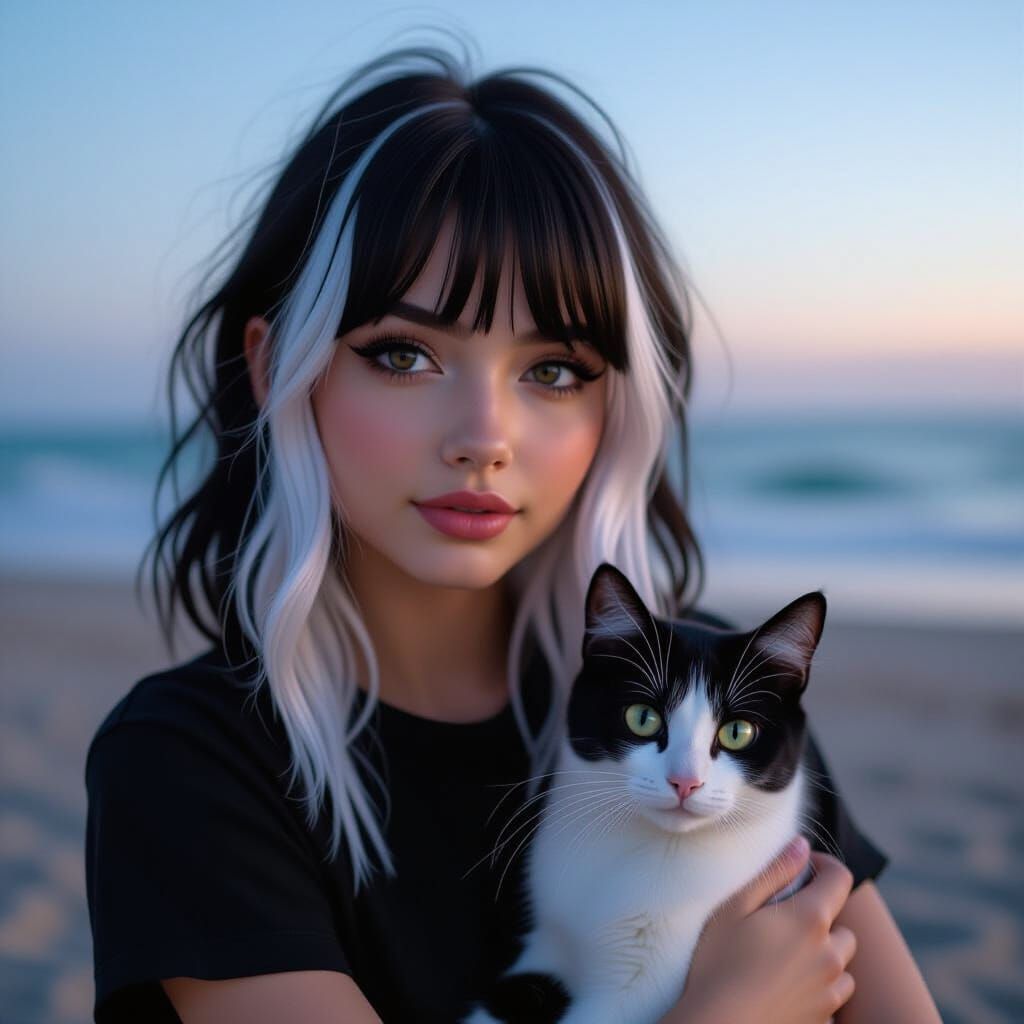 Emo Girl with Black and White Cat at Beach