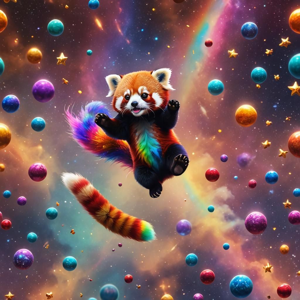 Adorable Rainbow Red Panda with Planets and Stars