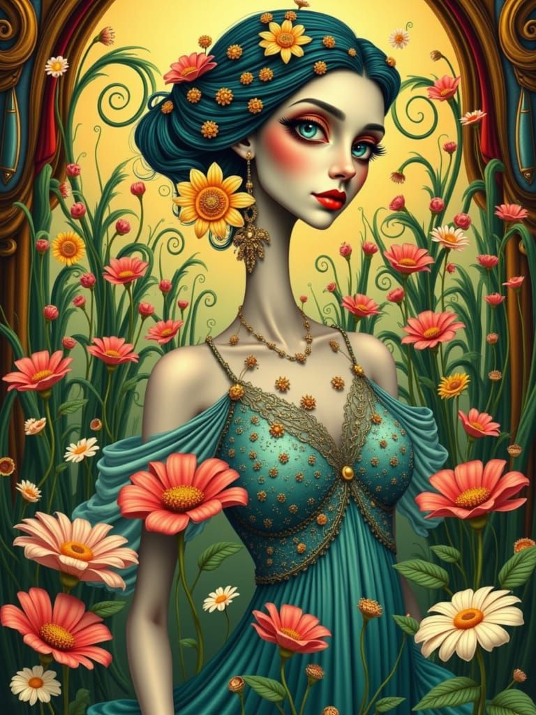 Whimsical Nouveau Woman in a Surreal Setting