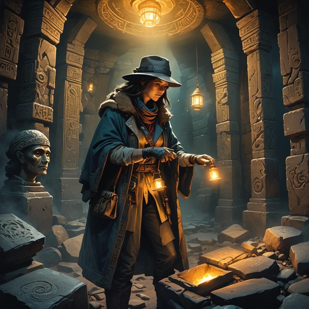 Archeologist Discovering Glowing Relic in Fantasy Chamber