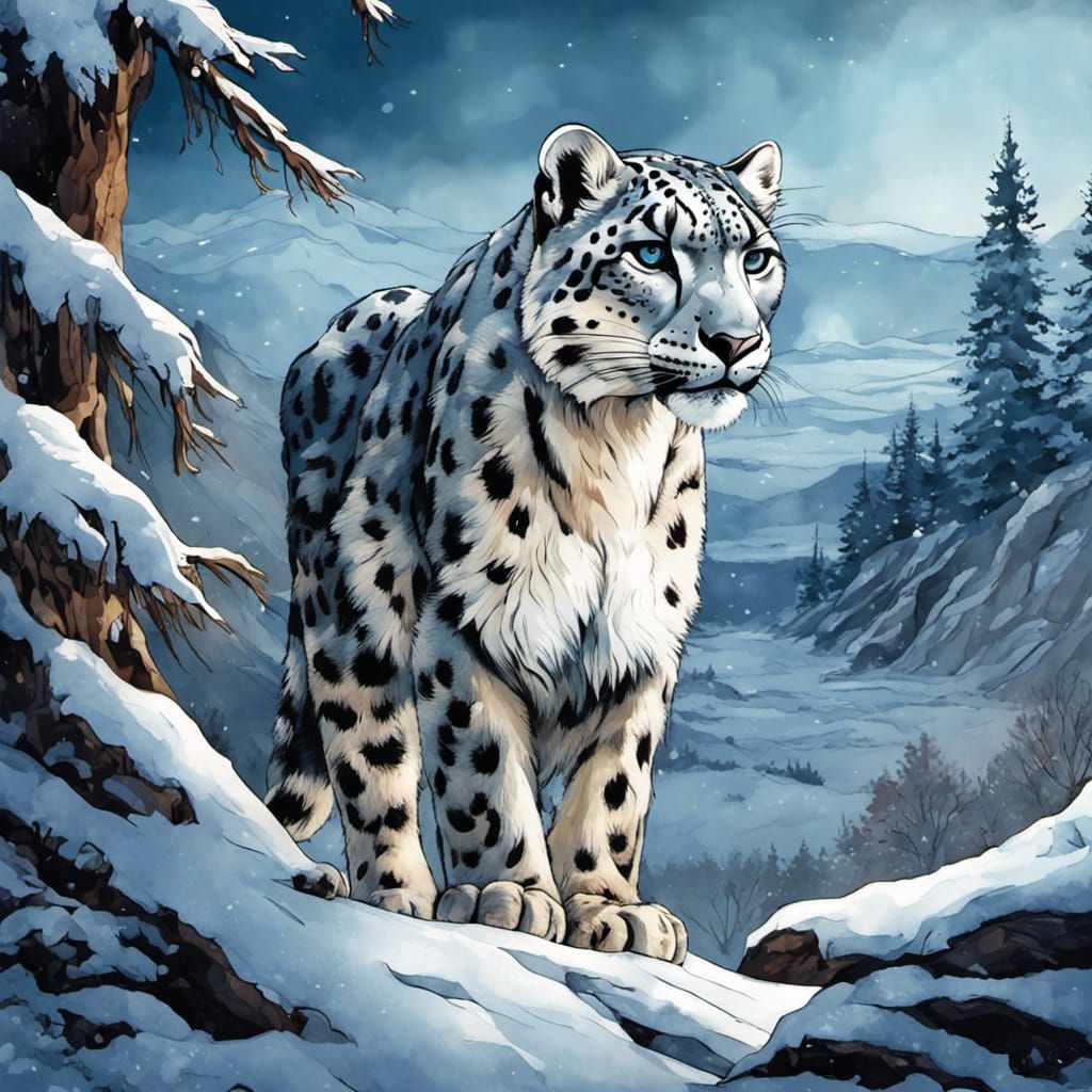 Snow Leopard in Winter Landscape: Ink and Watercolor