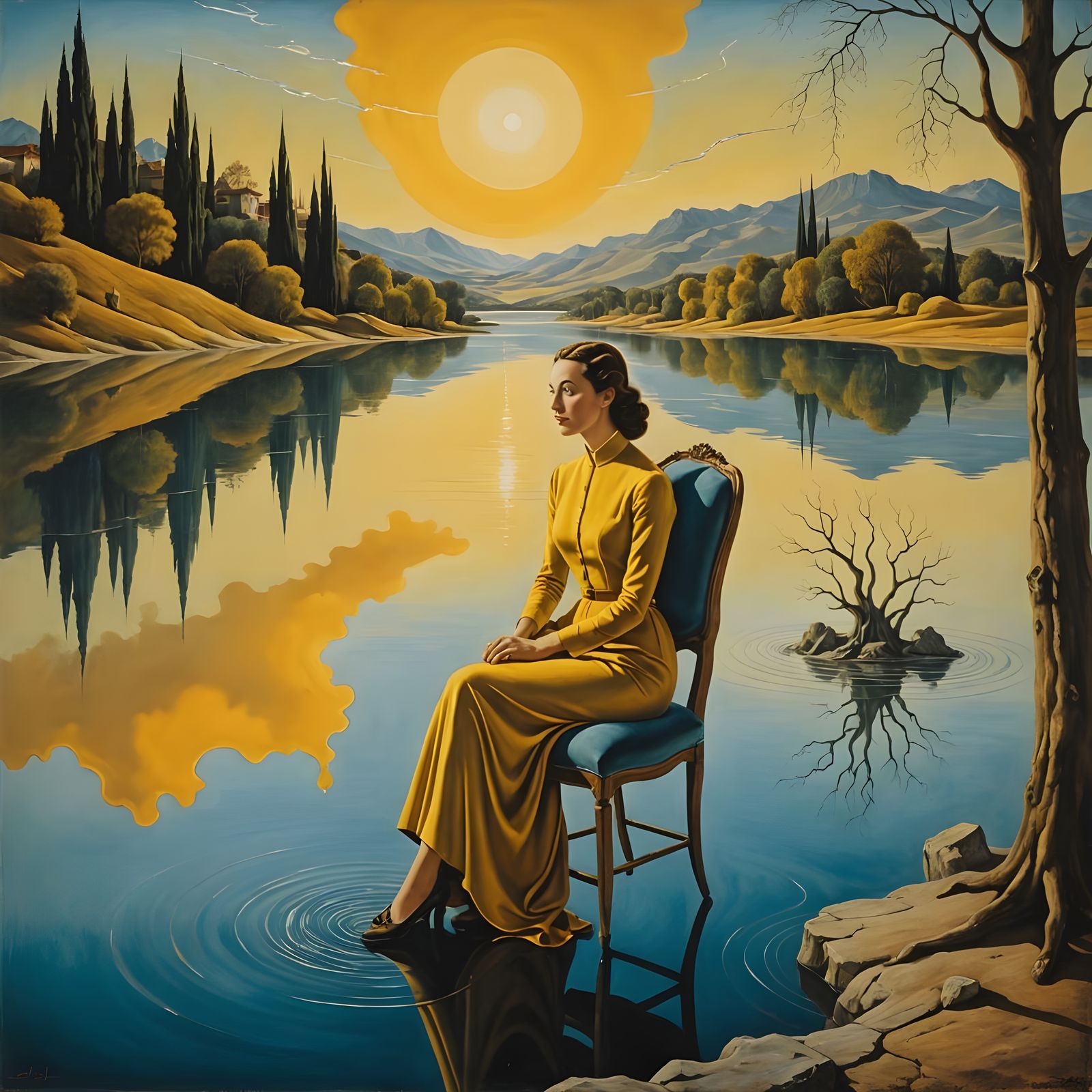Surrealist Woman Contemplates Serene Lake