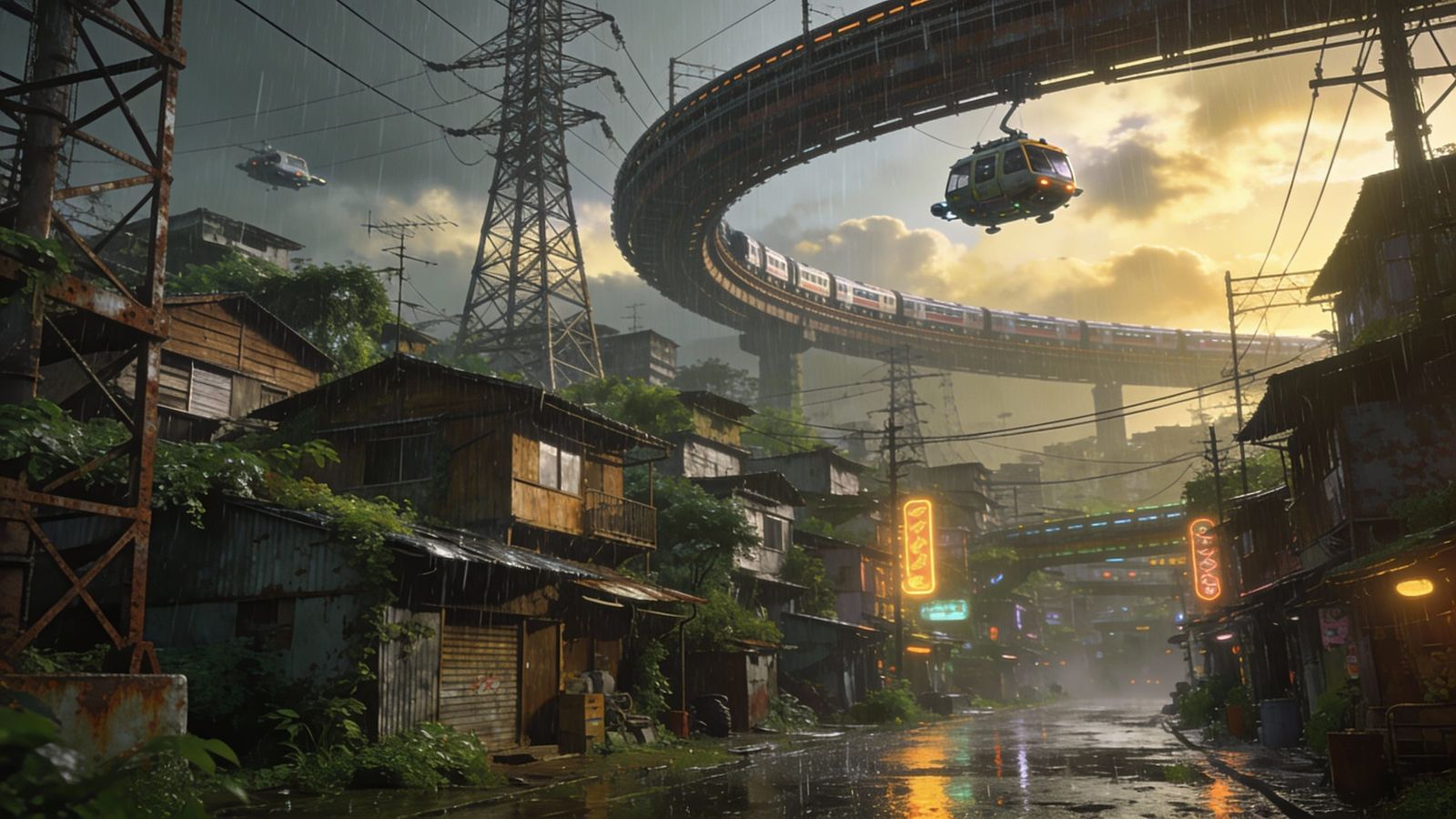 Futuristic Tokyo Favela Cityscape with Airships