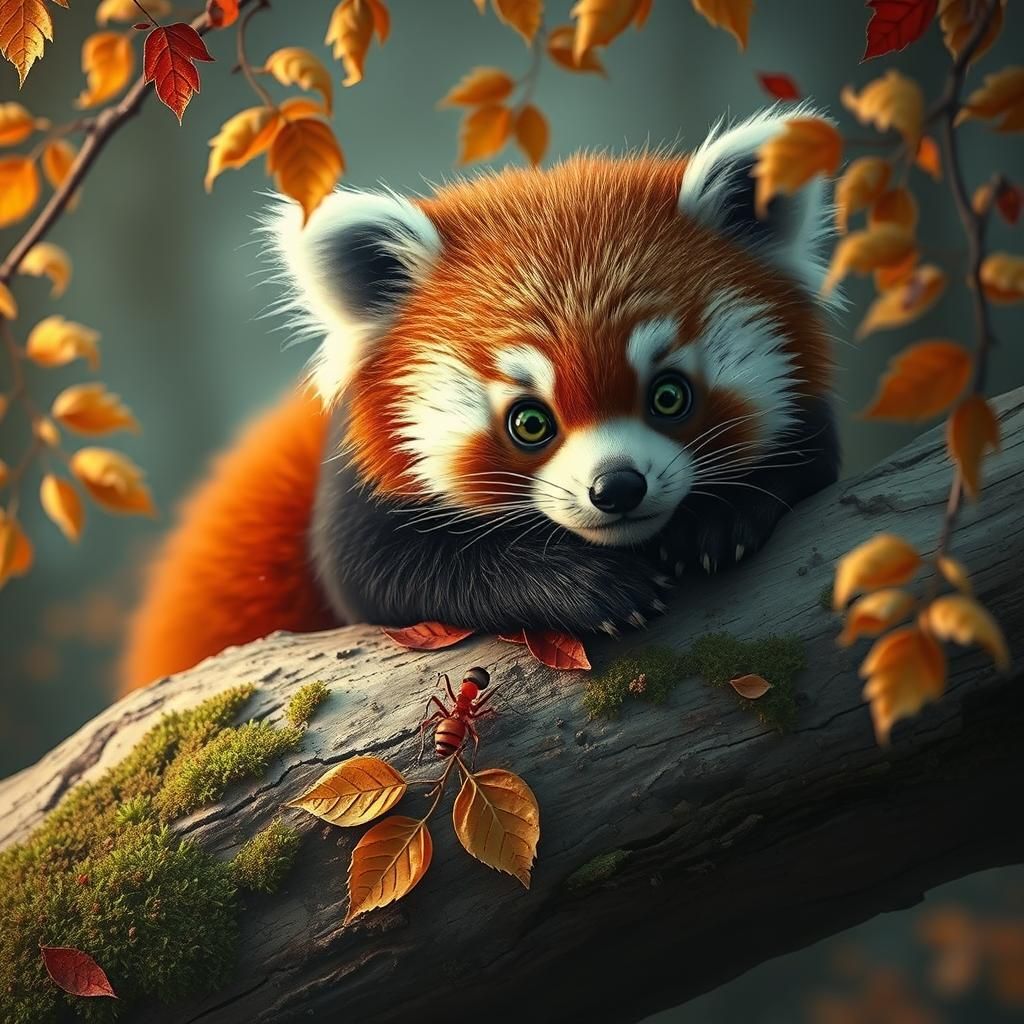 Red panda and red ant on a log